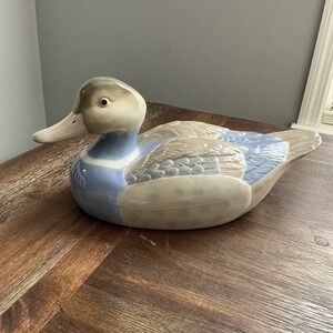 Vintage Ceramic Duck Figurine Glazed Pottery Décor Pastel Blue Tan 12"